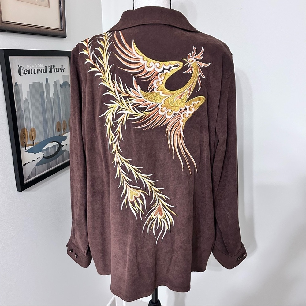 Bob Mackie Wearable Art Brown Ultrasuede Phoenix Embroidered Jacket Plus Size 1X - Picture 2 of 8